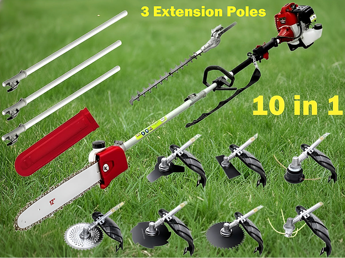Extended pole of brush weed cutter saw hedge trimmer for high reach