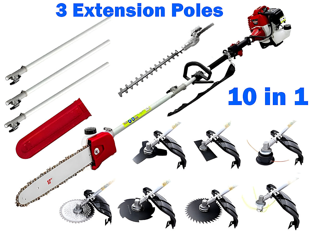 Brush weed cutter saw hedge trimmer with chain saw attachment in use