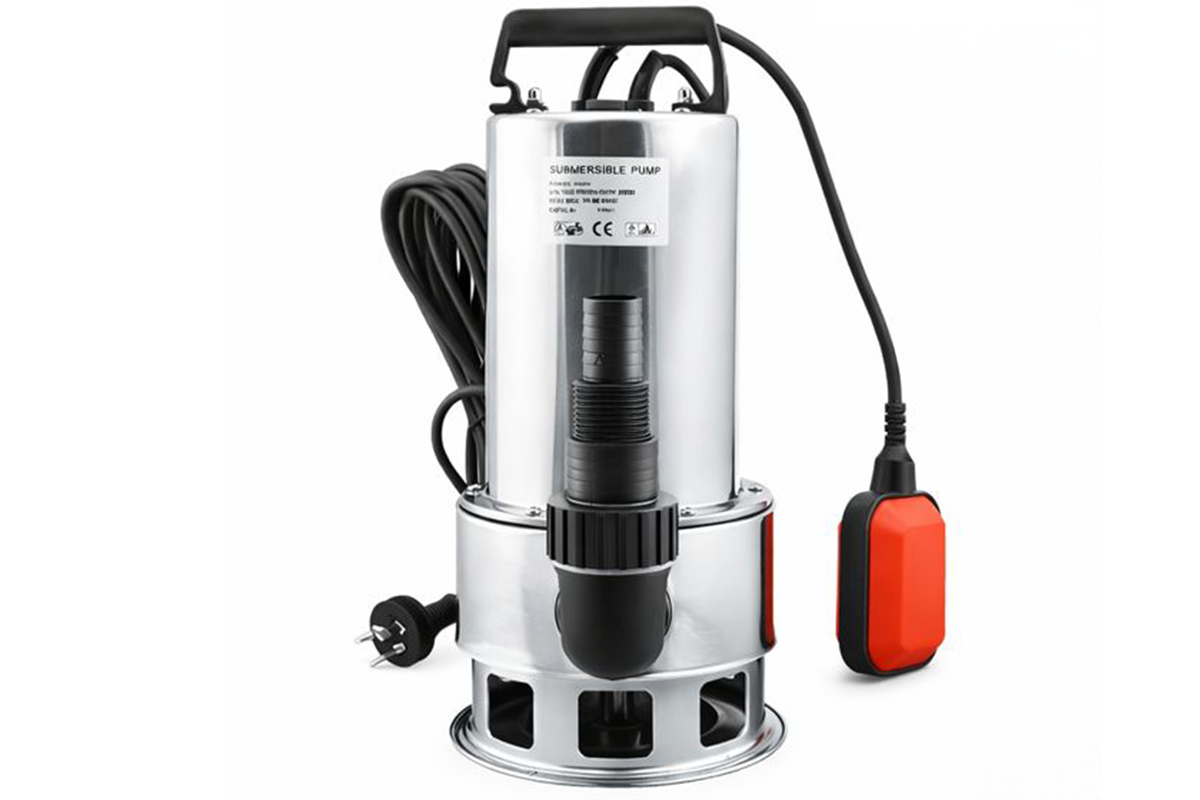 Top angle of submersible water pump with ergonomic handle in silver finish