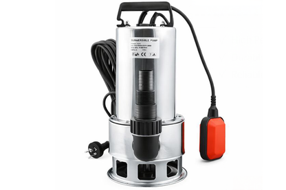 Top angle of submersible water pump with ergonomic handle in silver finish