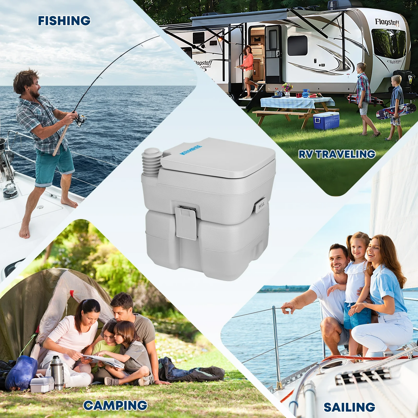 Portable toilet for emergency use showing lightweight 42kg design