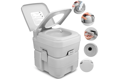 Side view of portable toilet for camping with flush handle