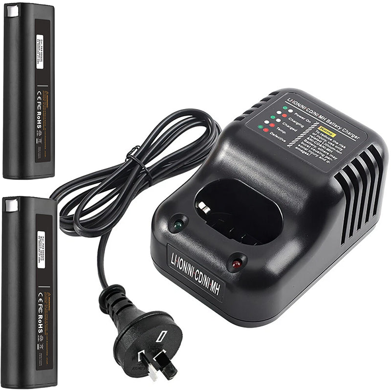 Paslode battery charger front view showing black ABS casing