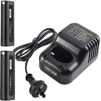 Paslode battery charger front view showing black ABS casing
