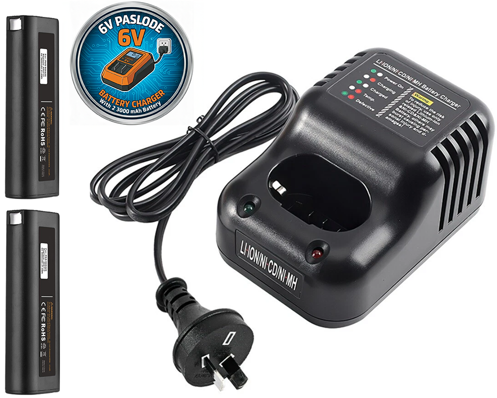 Side angle of Paslode battery charger with NZ power adapter