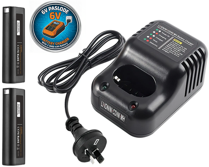 Side angle of Paslode battery charger with NZ power adapter
