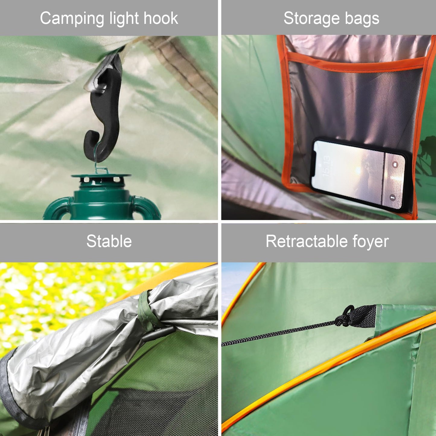 Fibreglass poles with steel reinforcement supporting camping tent 4-6 person