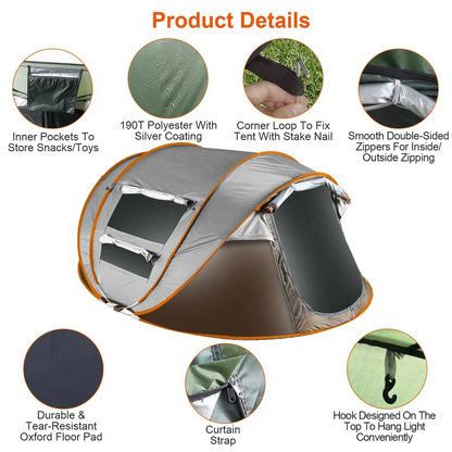 Camping tent 4-6 person pop up pitched on grass for family camping