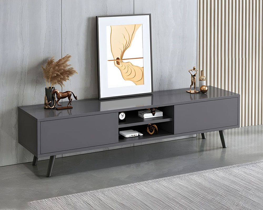 Open shelving detail on Entertainment Unit TV Stand in grey