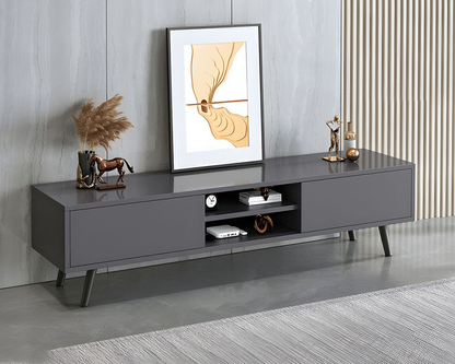 Open shelving detail on Entertainment Unit TV Stand in grey