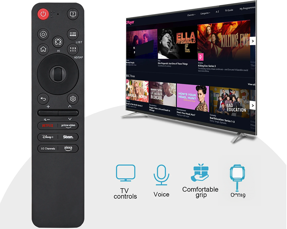 LG TV Remote MR25GA next to 2025 LG Smart TV