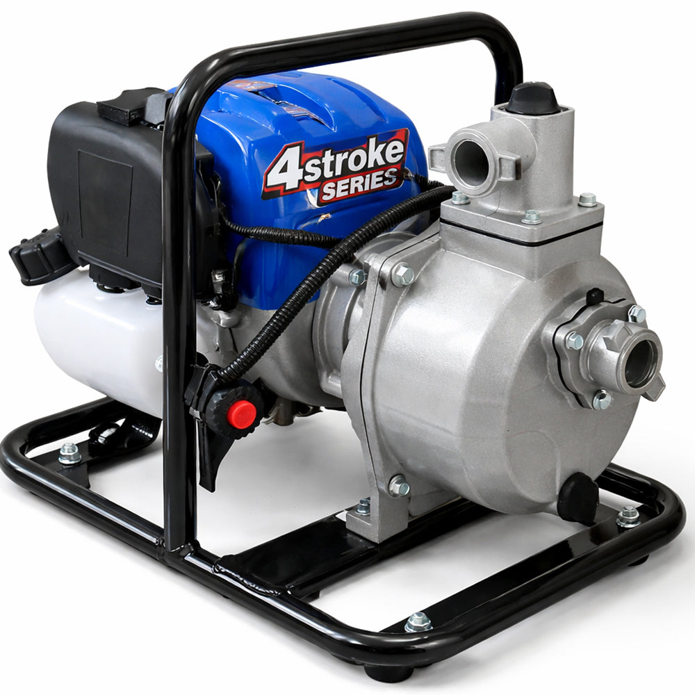 Portable water pump side view showing 1 inch inlet and outlet