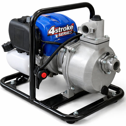 Portable water pump side view showing 1 inch inlet and outlet