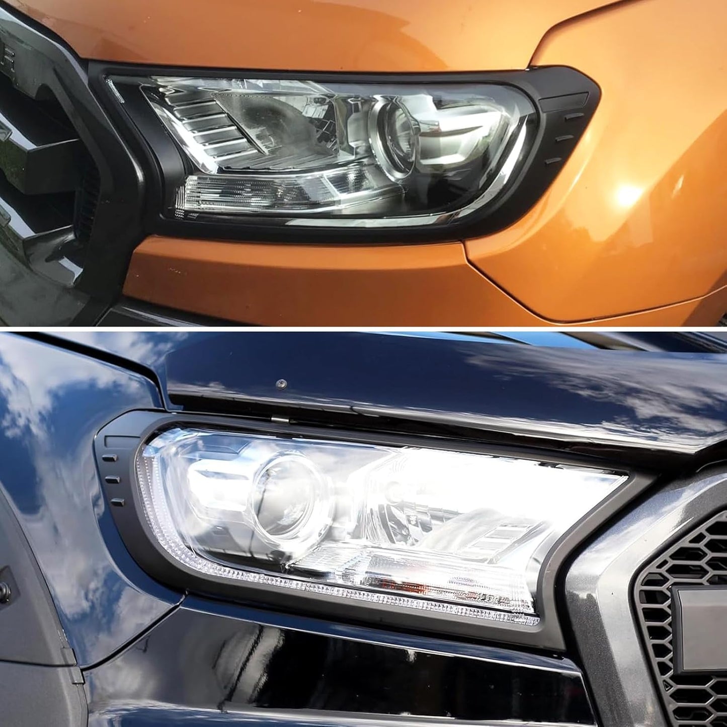 Pair of headlight and tail light covers displayed on bench