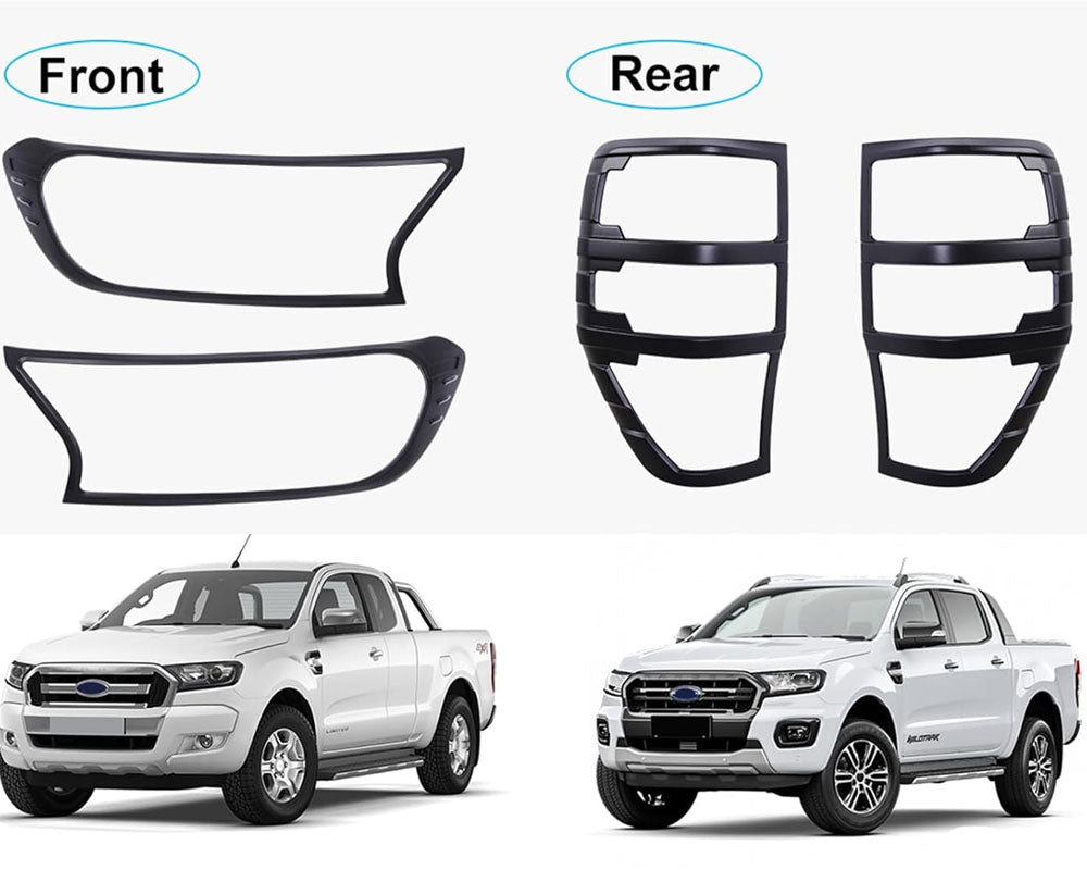 Pair of headlight and tail light covers displayed on bench