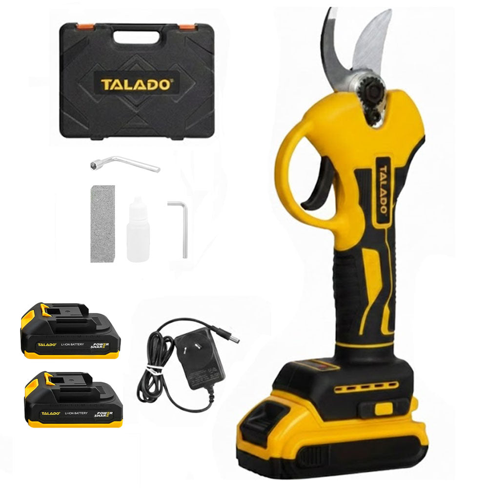 Cordless electric pruning shears side view showing yellow and black body