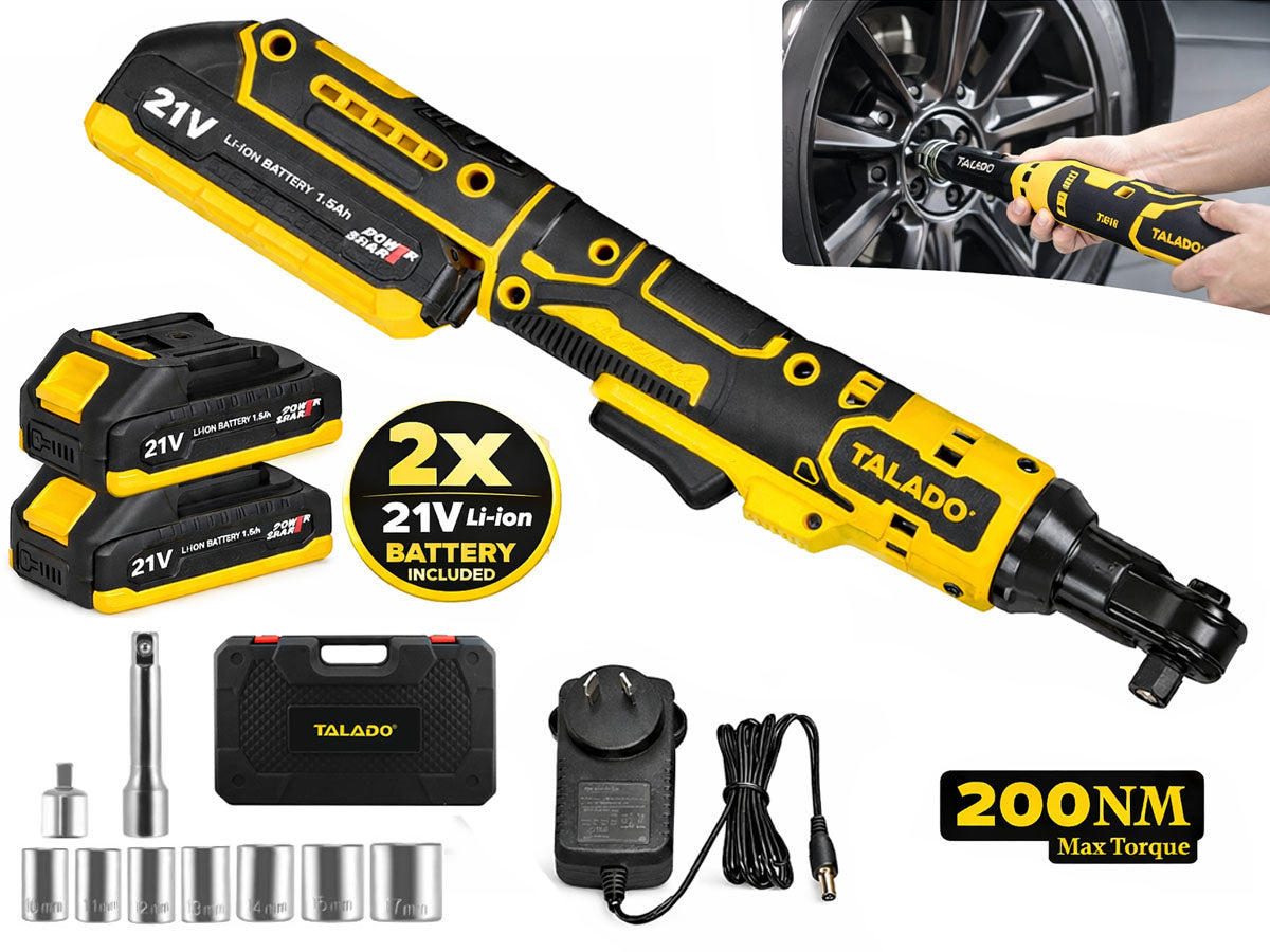 Carrying case open with electric wrench and accessories inside