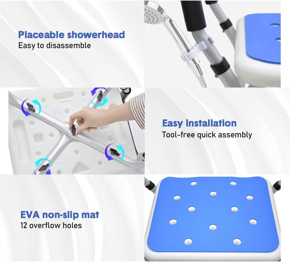 Adjustable Shower Chair Seat Bath Stool with Padded Armrests