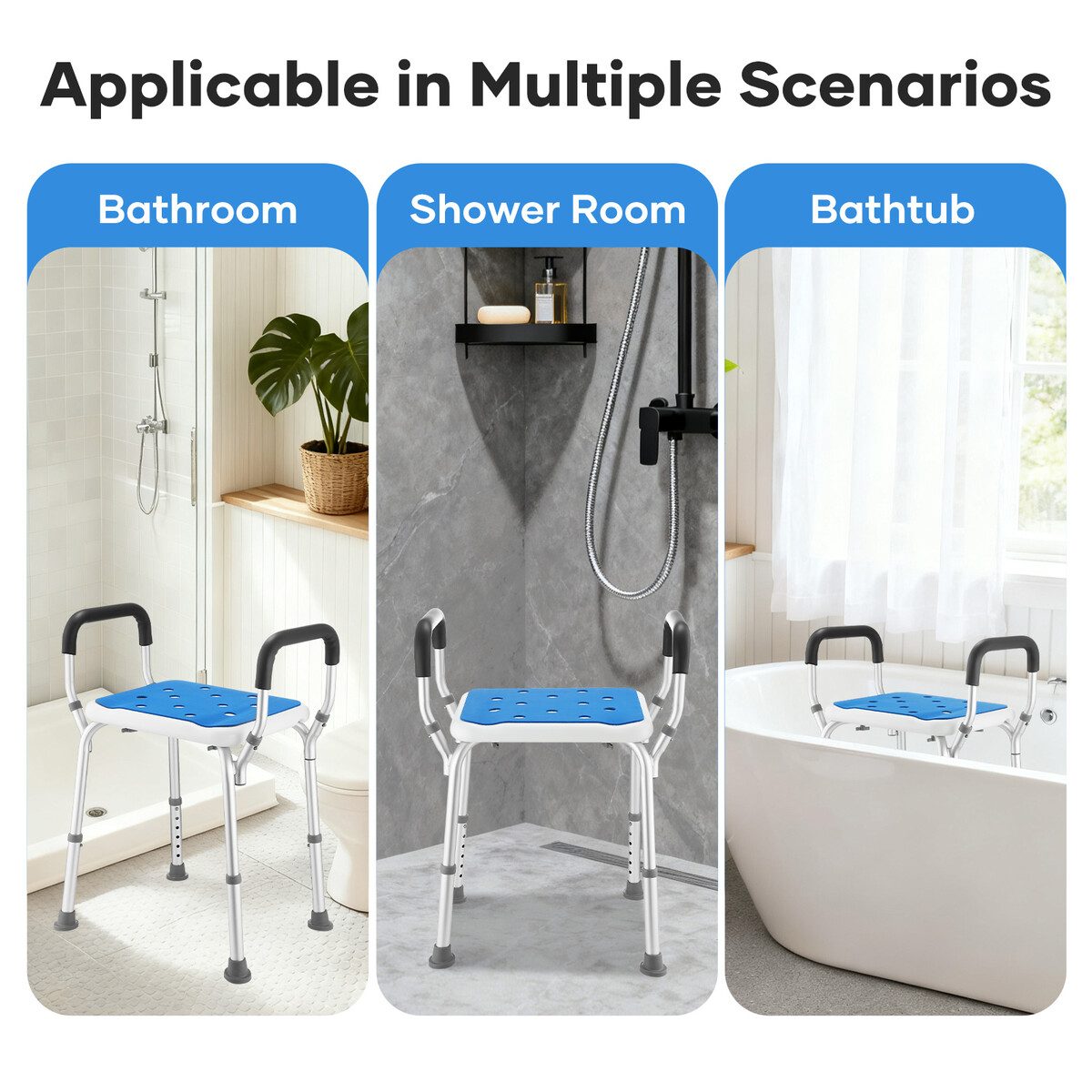 Adjustable Shower Chair Seat Bath Stool with Padded Armrests