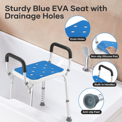 Adjustable Shower Chair Seat Bath Stool with Padded Armrests