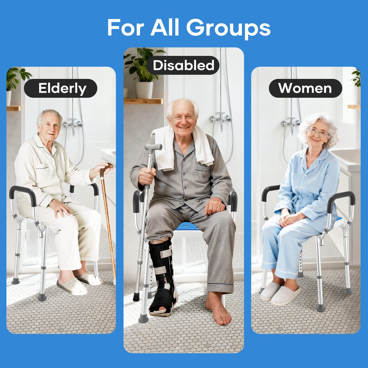 Adjustable Shower Chair Seat Bath Stool with Padded Armrests