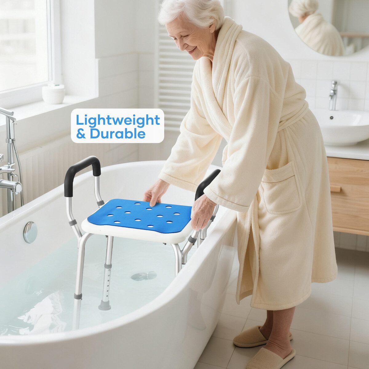Adjustable Shower Chair Seat Bath Stool with Padded Armrests