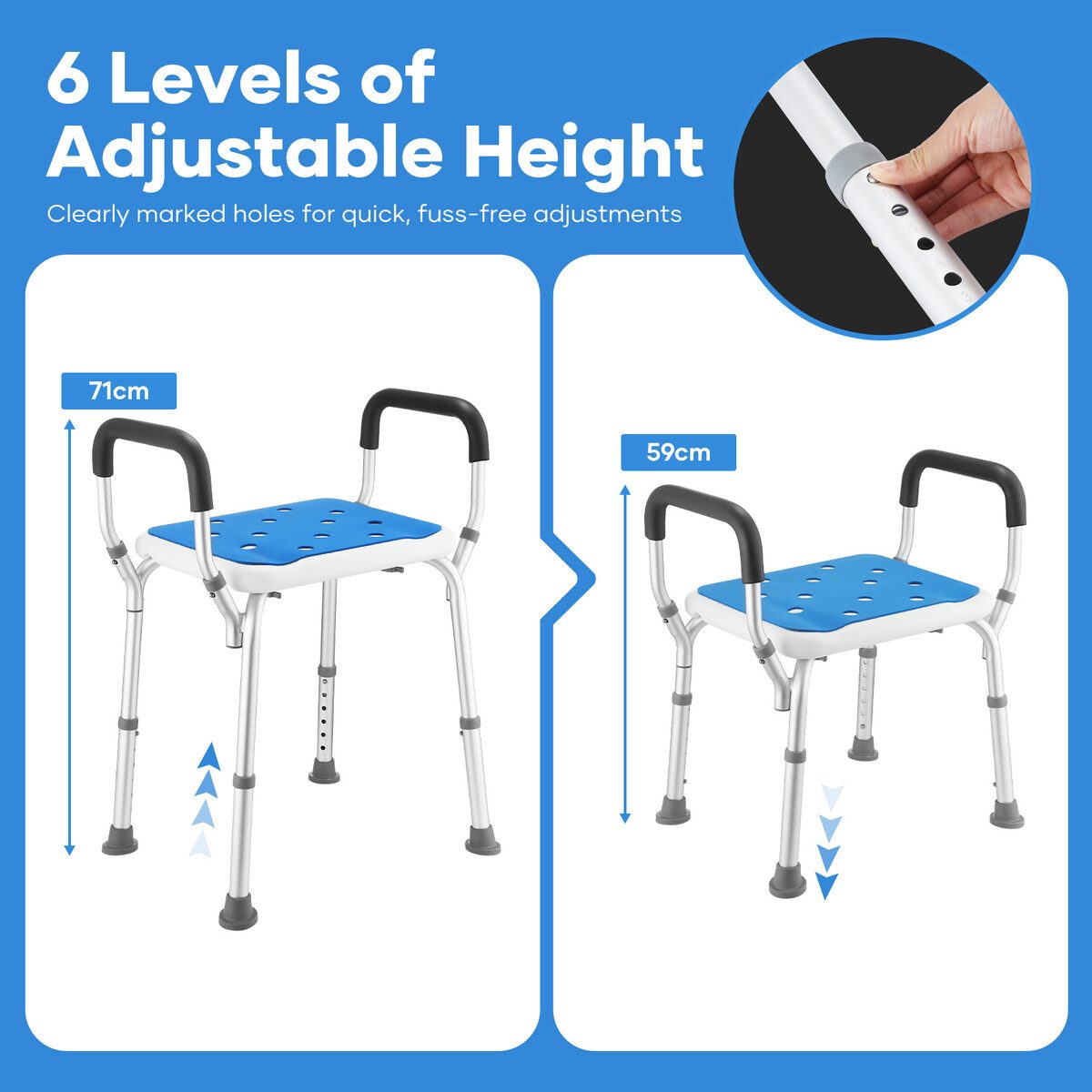 Adjustable Shower Chair Seat Bath Stool with Padded Armrests