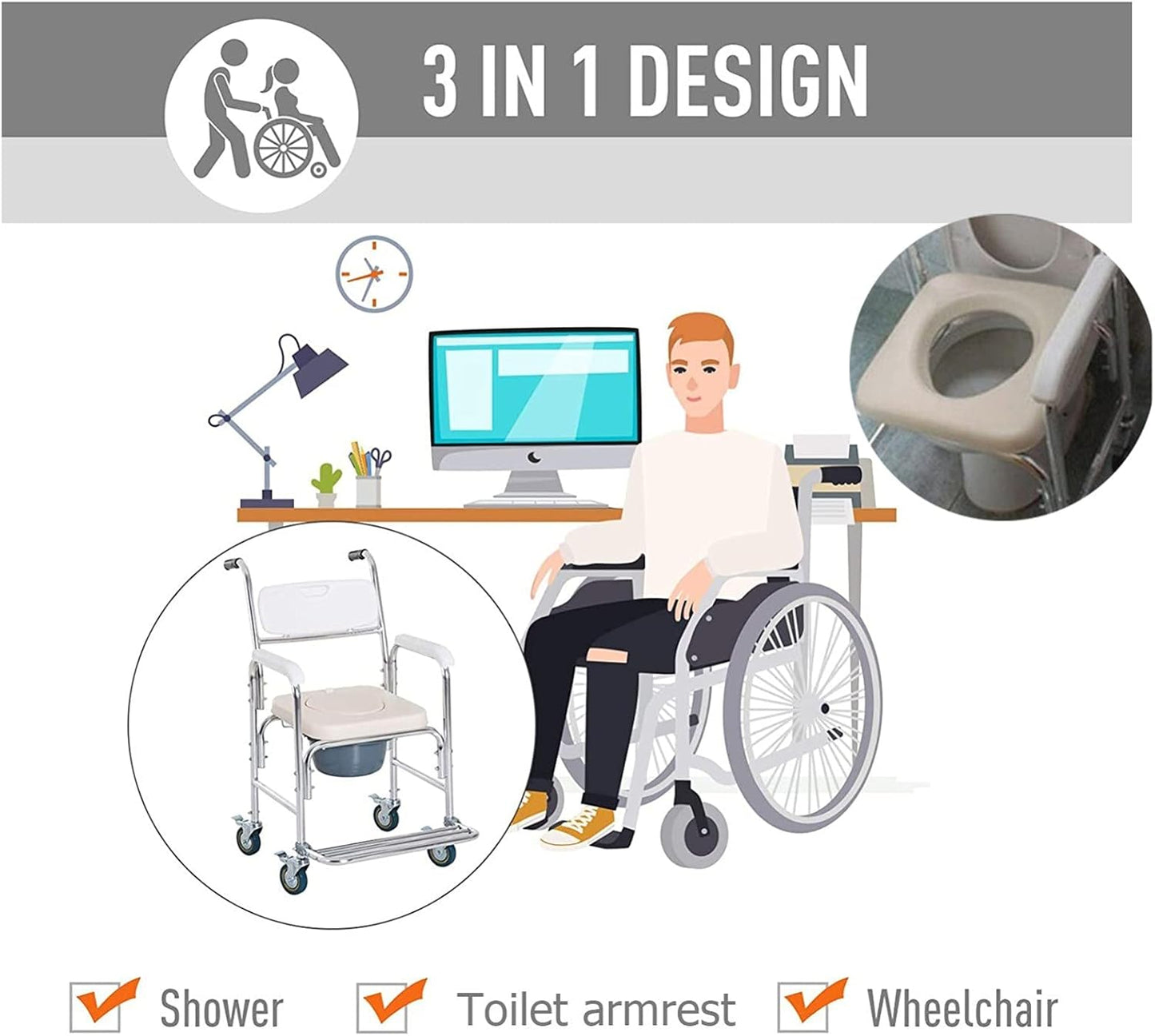 Mobile Shower Toilet Commode Chair