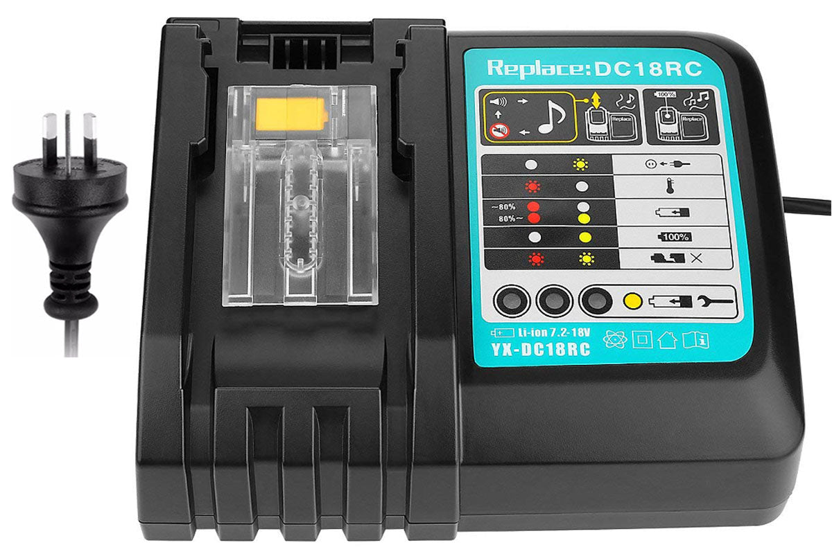 Close-up of Makita battery charger DC18RC charging port for 18V batteries