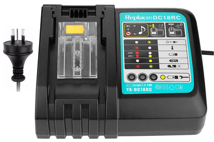 Close-up of Makita battery charger DC18RC charging port for 18V batteries