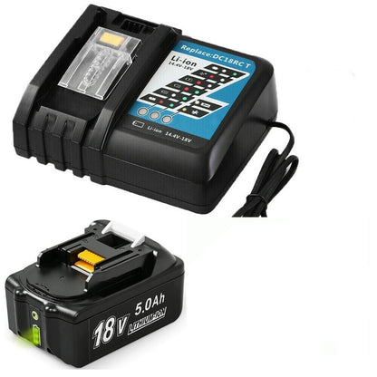 Makita battery and charger replacement showing 18V 50Ah battery