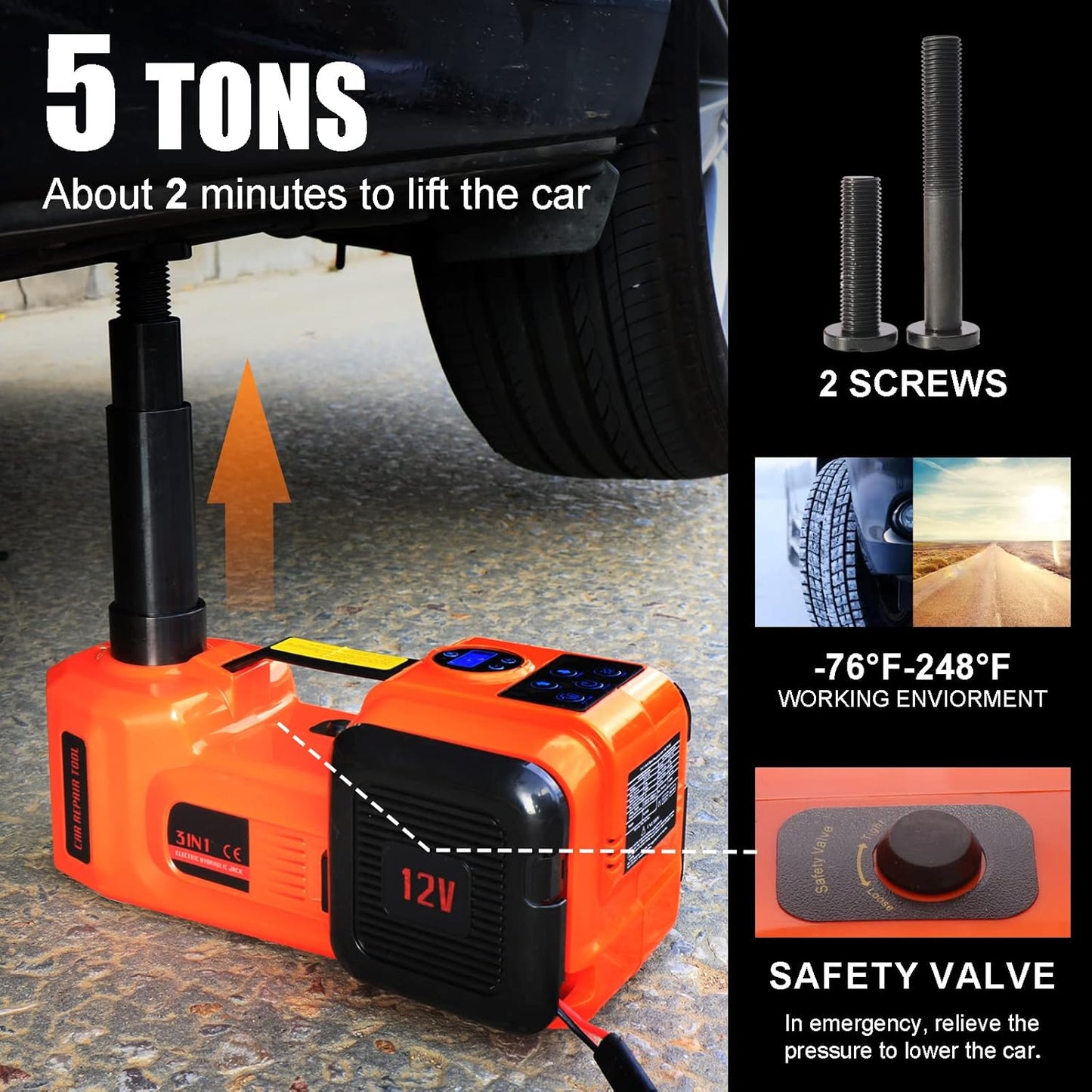 Electric Hydraulic Car Floor Jack 5 Ton 12V Built-in Tire Inflator Pump