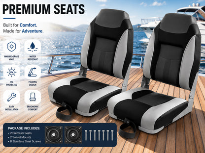 Boat Seats – 2PCS Folding Marine Helm Captain Chairs with Swivel Bases