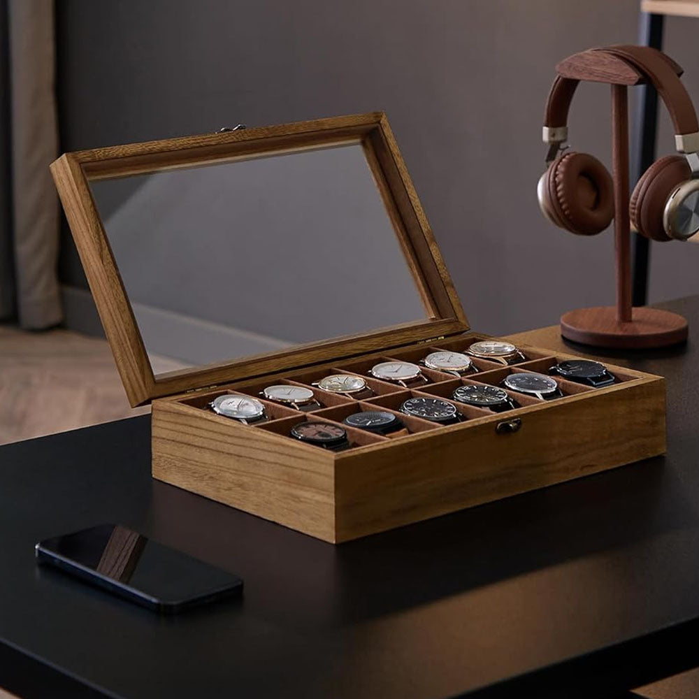 12 Slot Watch Box Organiser- Rustic Walnut