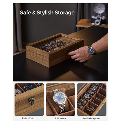 12 Slot Watch Box Organiser- Rustic Walnut