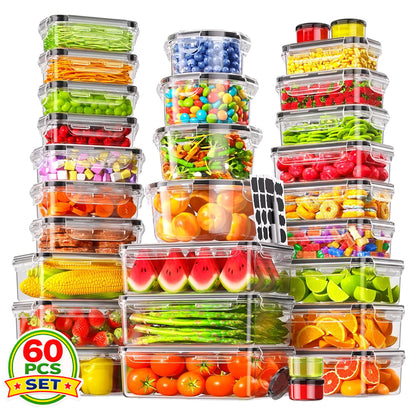 60 PCS Food Storage Containers with Lids, BPA-Free Plastic Food Containers for Kitchen Storage, Leak Proof, Reusable Meal Prep Containers