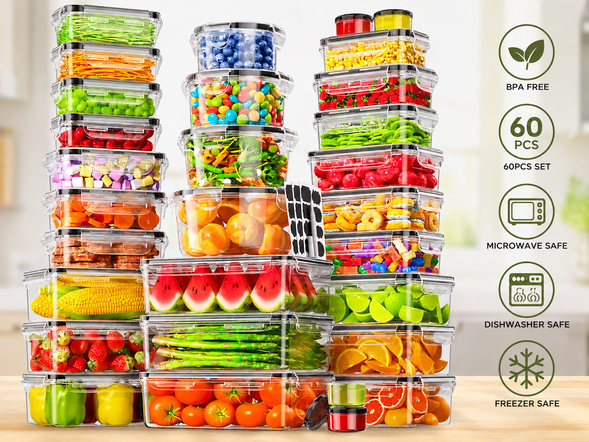 60 PCS Food Storage Containers with Lids, BPA-Free Plastic Food Containers for Kitchen Storage, Leak Proof, Reusable Meal Prep Containers