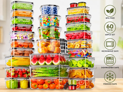 60 PCS Food Storage Containers with Lids, BPA-Free Plastic Food Containers for Kitchen Storage, Leak Proof, Reusable Meal Prep Containers