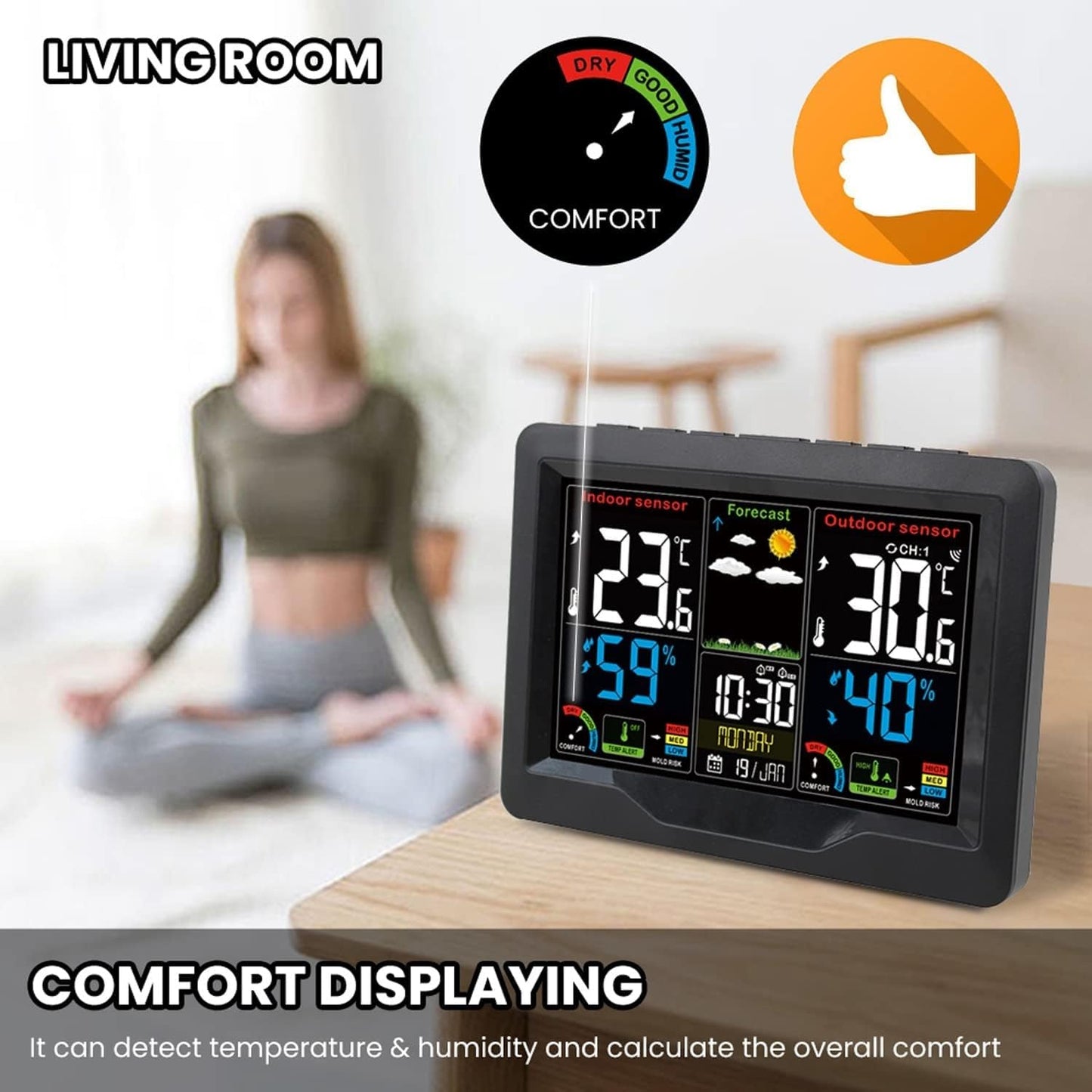 Weather Station Wireless Thermometer Digital Thermometer with Remote Sensor-Black