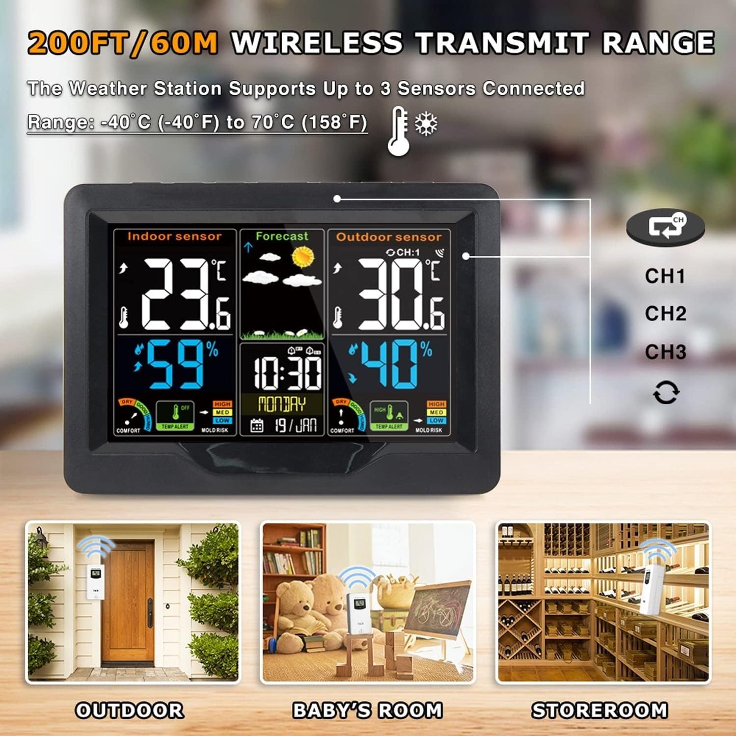 Weather Station Wireless Thermometer Digital Thermometer with Remote Sensor-Black