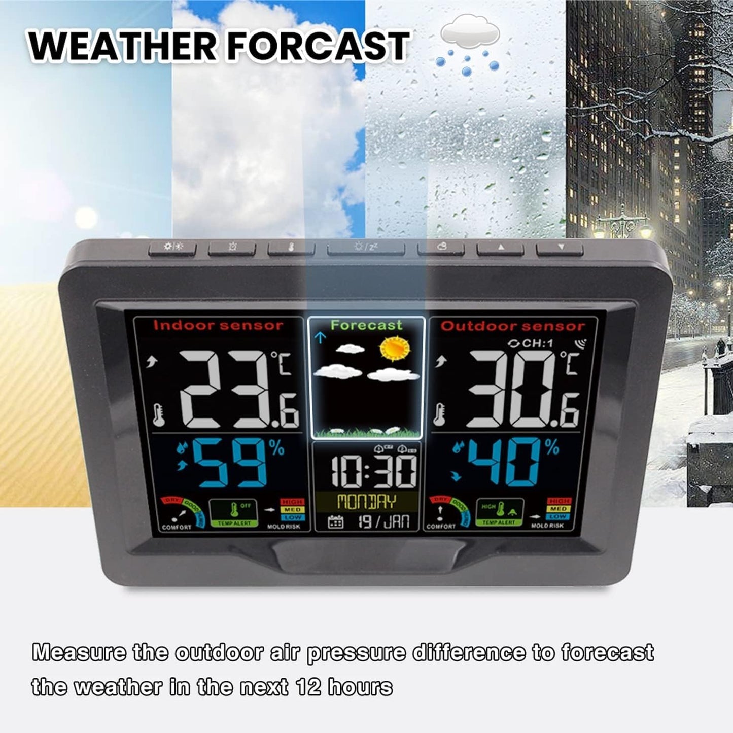 Weather Station Wireless Thermometer Digital Thermometer with Remote Sensor-Black