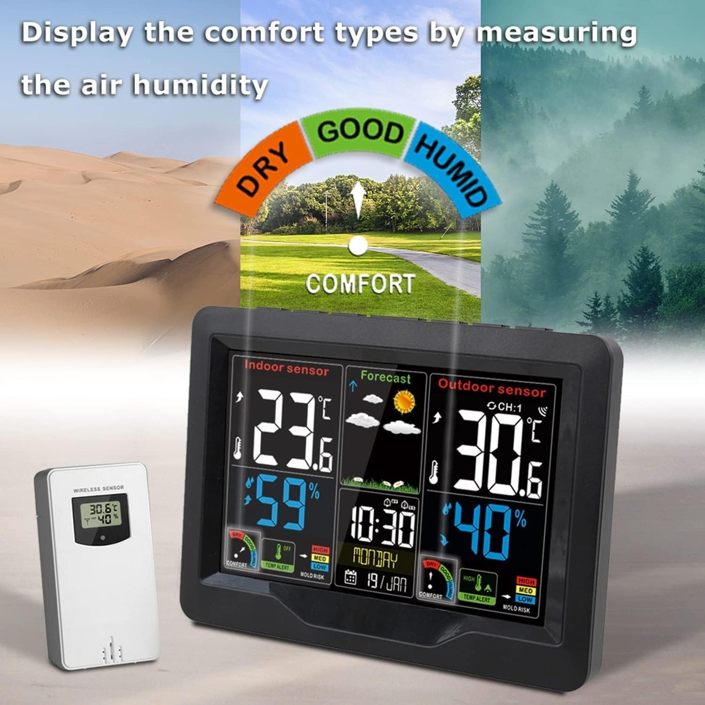 Weather Station Wireless Thermometer Digital Thermometer with Remote Sensor-Black