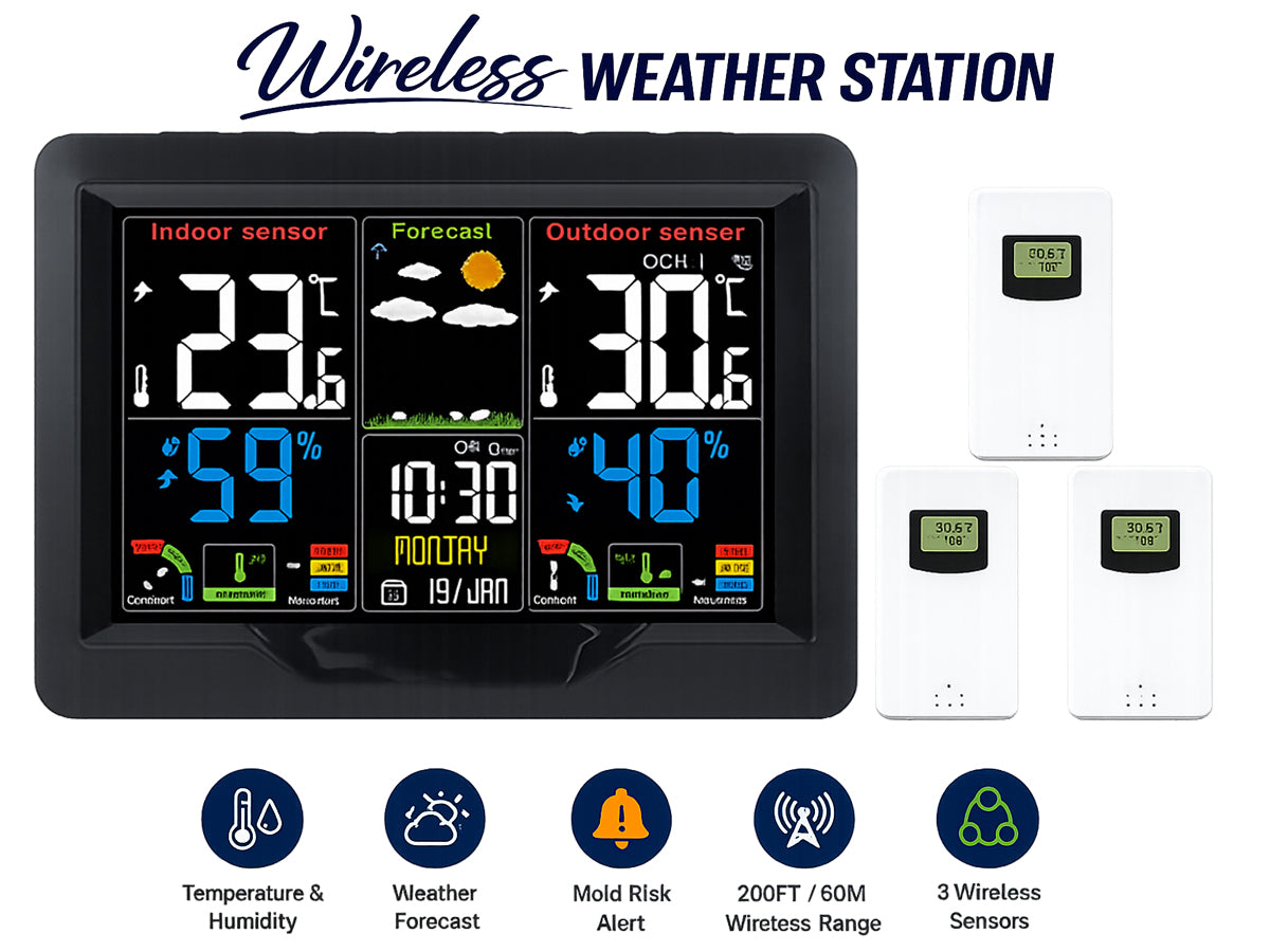 Weather Station Wireless Thermometer Digital Thermometer with Remote Sensor-Black