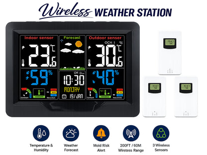 Weather Station Wireless Thermometer Digital Thermometer with Remote Sensor-Black