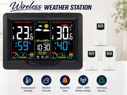 Weather Station Wireless Thermometer Digital Thermometer with Remote Sensor-Black