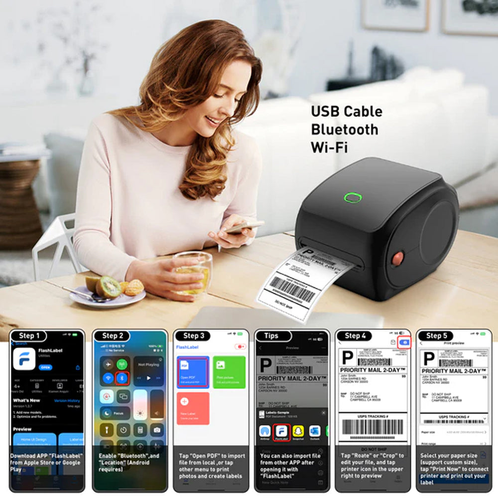 Portable Thermal Label Printer USB & Bluetooth Direct Thermal, High-Speed Printing