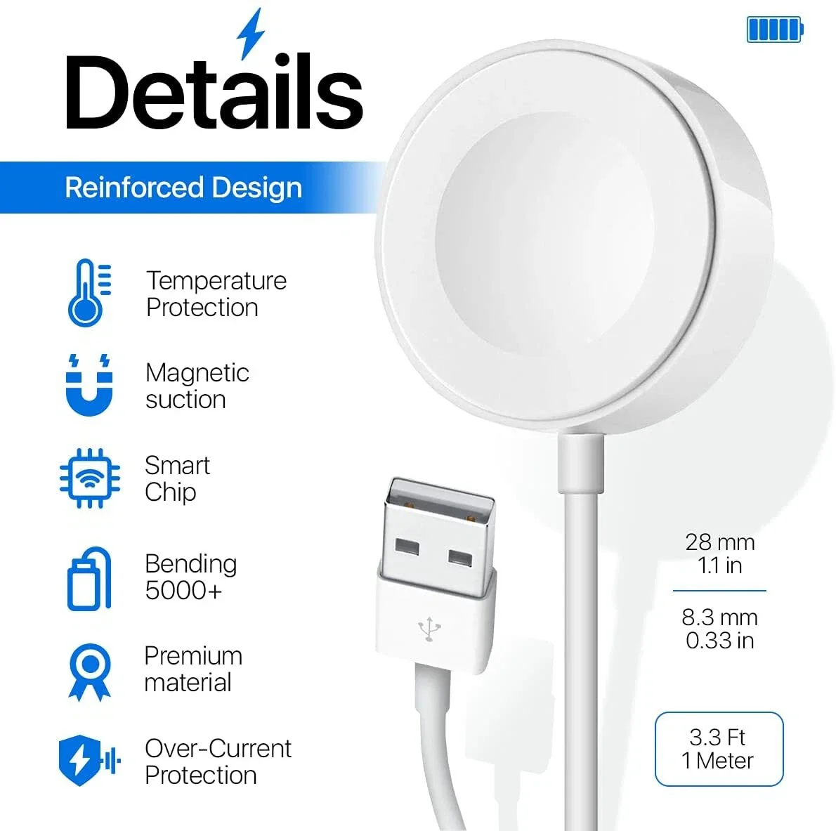 Apple Watch charger NZ with 1m tangle-free cable laid out