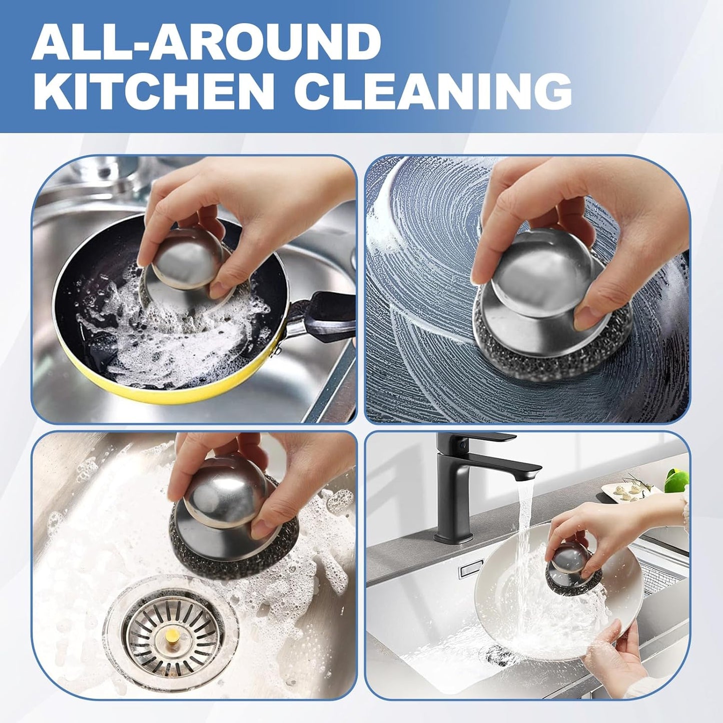 Steel Scrubber 8PCS Cleaning Pad Set with 2 Handles