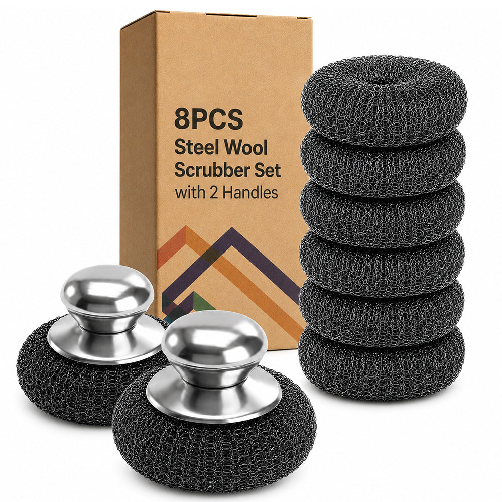 Steel Scrubber 8PCS Cleaning Pad Set with 2 Handles