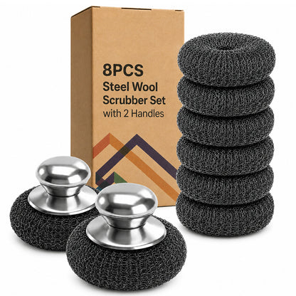 Steel Scrubber 8PCS Cleaning Pad Set with 2 Handles